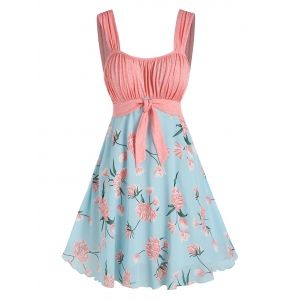 

Holiday Pleated Front Knot Flower Printed Dress, Multi