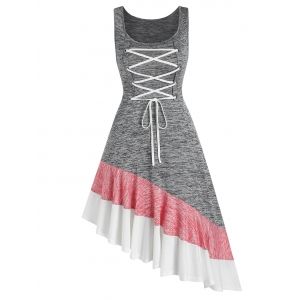 

Lace Up Colorblock Flounced Asymmetric Dress, Multi