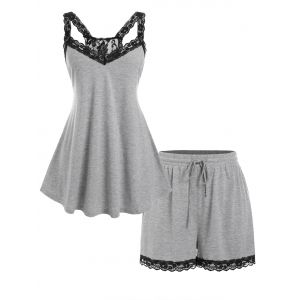 

Plus Size Lace Panel Drawstring Shorts Pajamas Set, Light gray