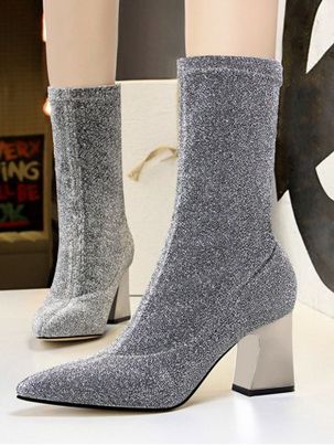 Glitter Pointed Toe Chunky Heel Boots