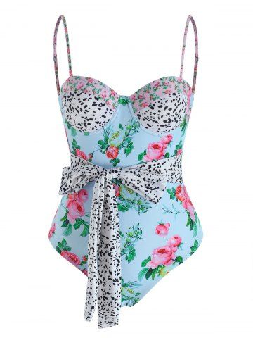 Dalmatian Flower Print Push Up Belted One-piece Swimsuit - MULTI - L