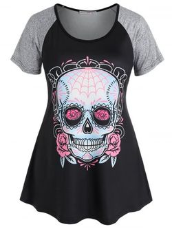 Plus Size Skull Print Raglan Sleeve Gothic Tee - BLACK - 4X