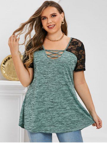 

Lace Panel Space Dye Lattice Plus Size Top, Green