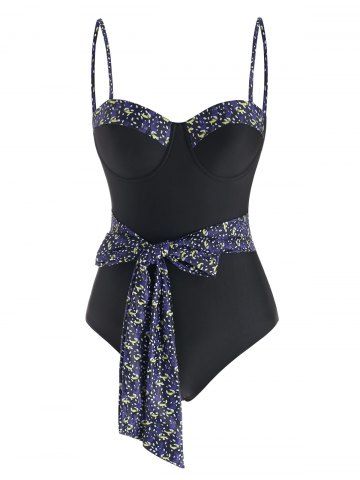 Bird Speckled Push Up Belted Backless One-piece Swimsuit - BLACK - M