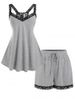 Plus Size Lace Panel Drawstring Shorts Pajamas Set -  