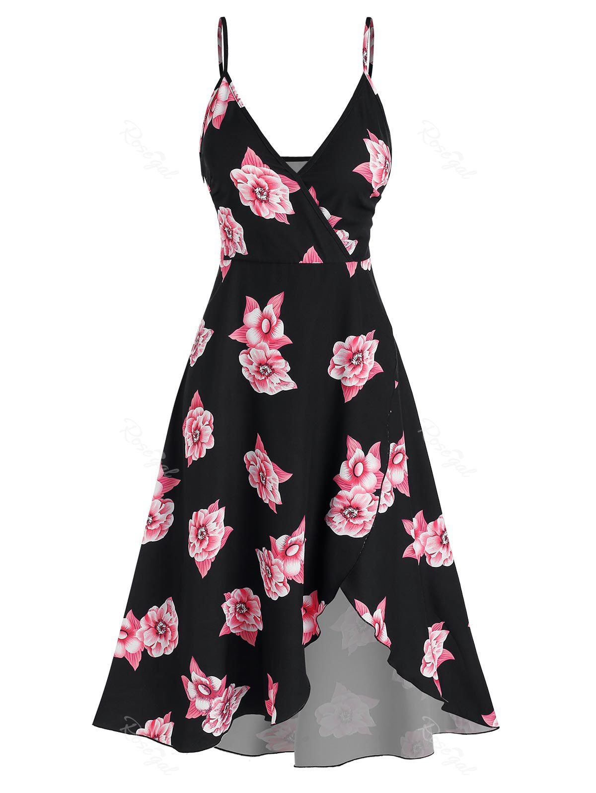 Outfits Floral Print High Low Midi Surplice Dress  