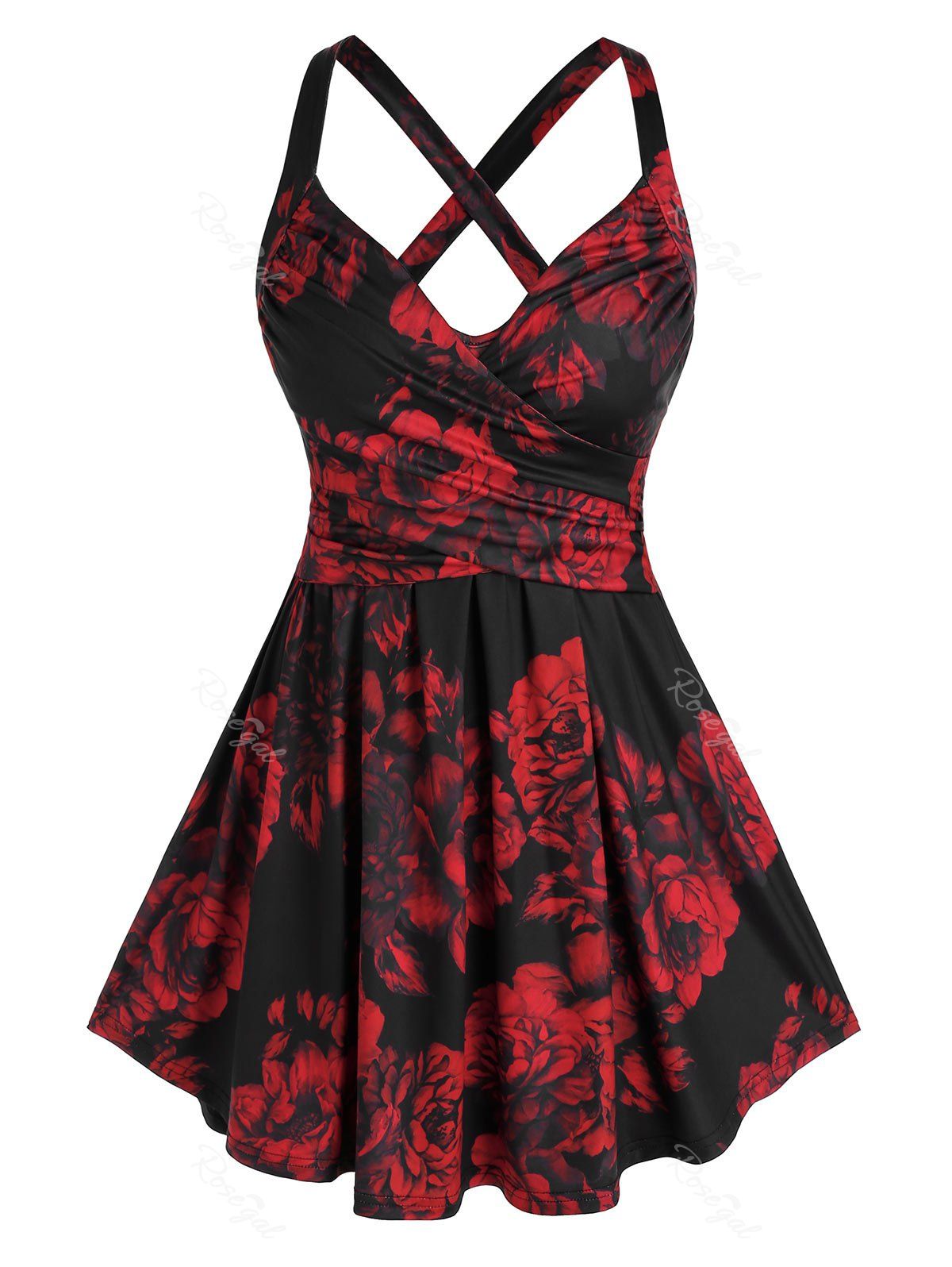 Plus Size Floral Print Crisscross Skirted Tank Top, Black