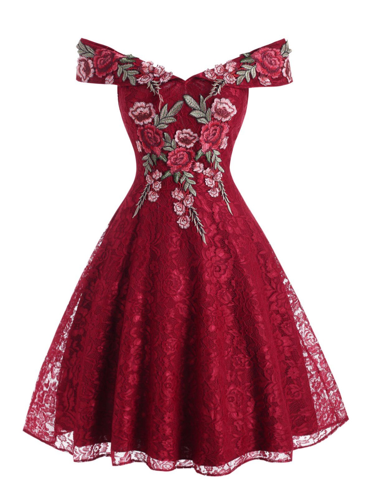 

Lace Flower Applique Off Shoulder Foldover Dress, Red