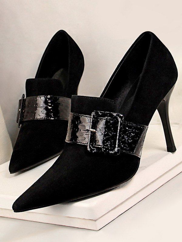 

Suede Snake Print Buckle High Heel Shoes, Black