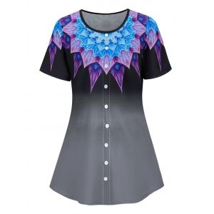 

Plus Size Buttoned Ombre Flower Print Short Sleeve Tee, Gray