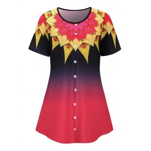 

Plus Size Buttoned Ombre Flower Print Short Sleeve Tee, Red