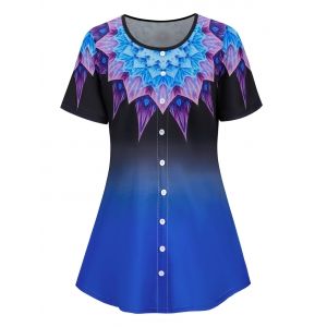 

Plus Size Buttoned Ombre Flower Print Short Sleeve Tee, Deep blue