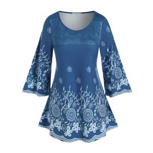 

Plus Size Flower Print Wide Sleeve Tunic Tee, Blue