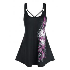 

Plus Size O Ring Paisley Skull Print Tank Top, Black