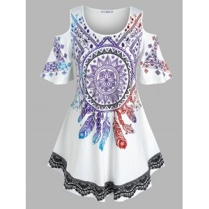 

Plus Size Dreamcatcher Print Open Shoulder Tunic Tee, White