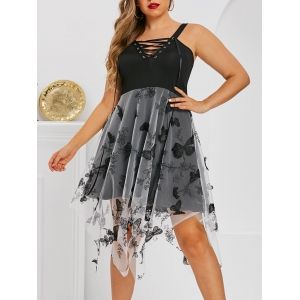 

Plus Size Butterfly Mesh Hanky Hem Lace-up Backless Dress, Black
