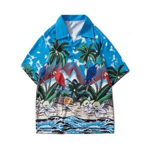

Palm Tree Parrot Beach Scenery Shirt, Silk blue