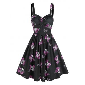 

Sweetheart Neck Skull Butterfly Print Ruched Flare Dress, Black