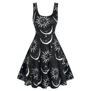 

Sun and Moon Print Flare Dress, Black