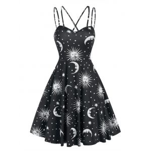 

Sun and Moon Print Crisscross Flare Dress, Black