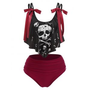 

Skull Print Bowknot Padded Tankini Set, Black