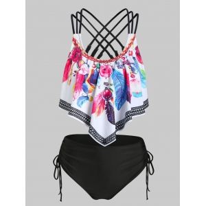 

Feather Print Strappy Padded Tankini Set, Black