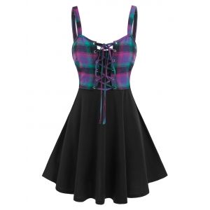 

Plain Flare Cami Dress and Plaid Print Lace-up Tank Top, Light purple