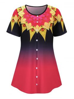 Plus Size Buttoned Ombre Flower Print Short Sleeve Tee - RED - 4XL