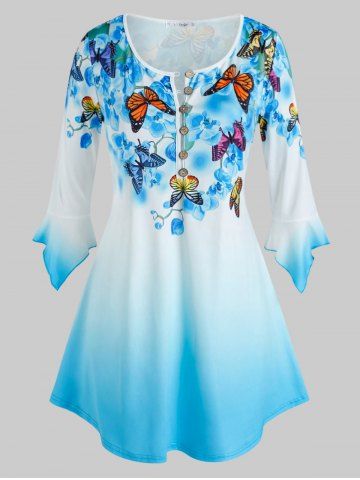 Plus Size Bell Sleeve Butterfly Floral Print Ombre Color Tee - BLUE - 1X