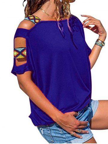 

Ethnic Print Cutout Open Shoulder Tee, Blue