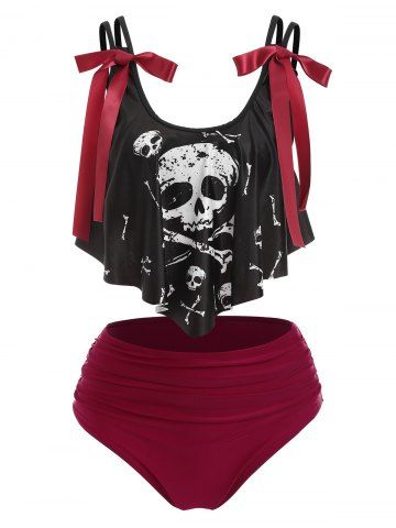 Skull Print Bowknot Padded Tankini Set - BLACK - M
