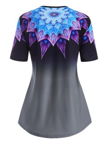 Plus Size Buttoned Ombre Flower Print Short Sleeve Tee