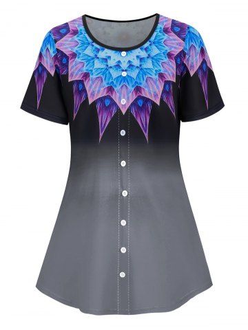 Plus Size Buttoned Ombre Flower Print Short Sleeve Tee