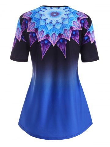 Plus Size Buttoned Ombre Flower Print Short Sleeve Tee