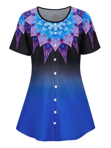 Plus Size Buttoned Ombre Flower Print Short Sleeve Tee