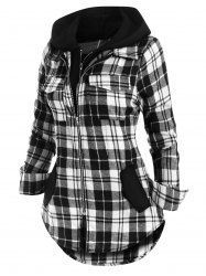 double zipper plaid pocket hooded shirt jacket