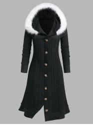 Manteau à Capuche Boutonné en Fausse Fourrure Grande Taille - Noir 5X