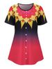 T-shirt Ombré à Imprimé Fleur Boutonné de Grande Taille à Manches Courtes - Rouge XL