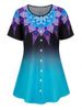 Plus Size Buttoned Ombre Flower Print Short Sleeve Tee -  