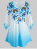 Plus Size Bell Sleeve Butterfly Floral Print Ombre Color Tee -  