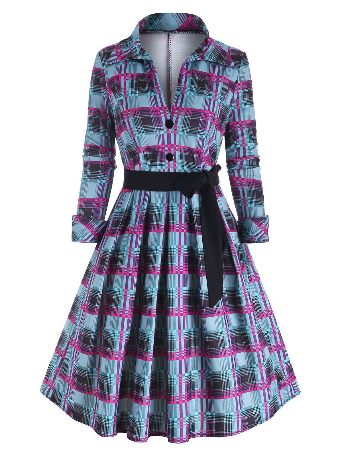 

Tartan Button Embellished Belted Dress, Deep green
