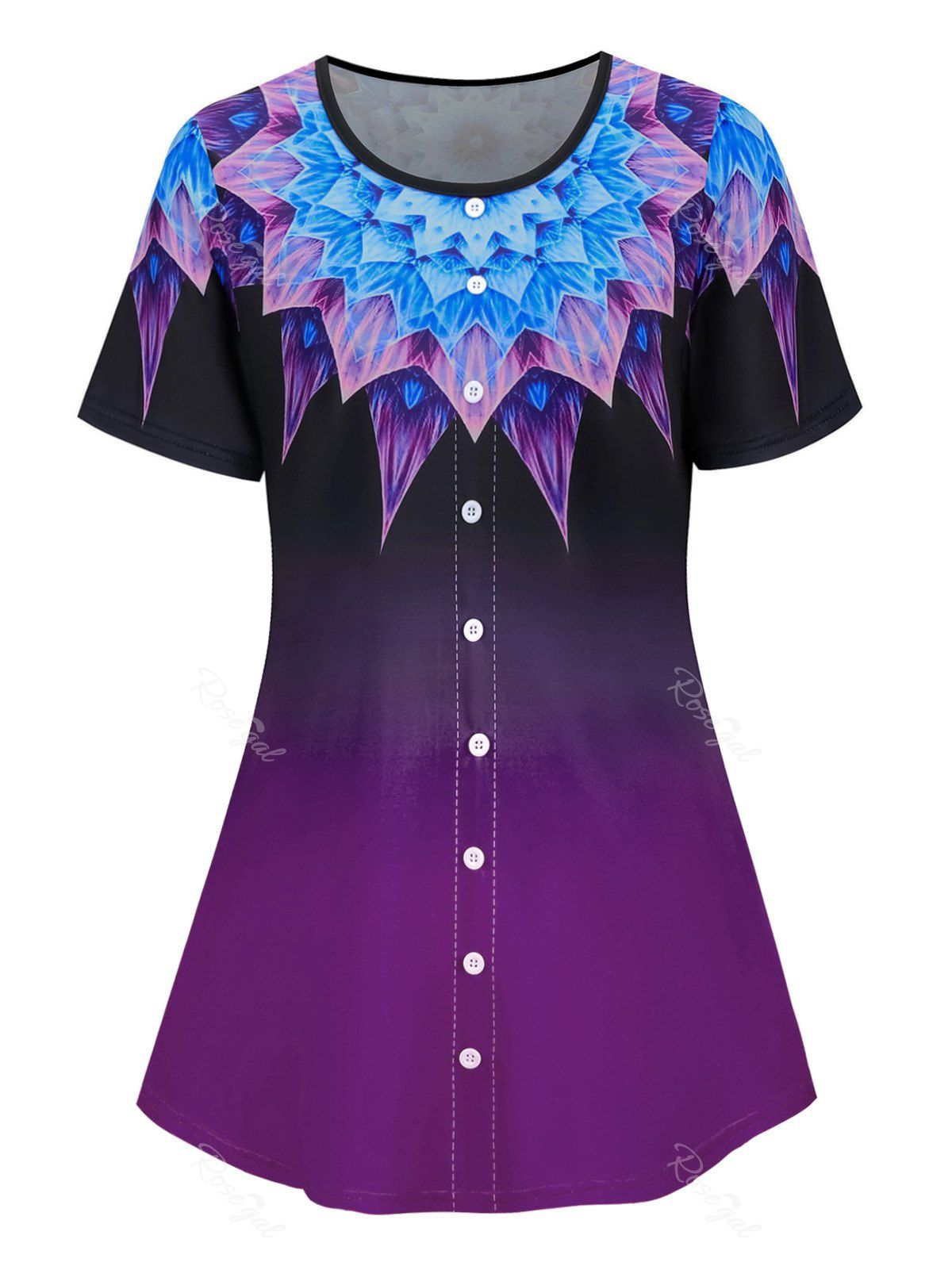 

Plus Size Buttoned Ombre Flower Print Short Sleeve Tee, Concord