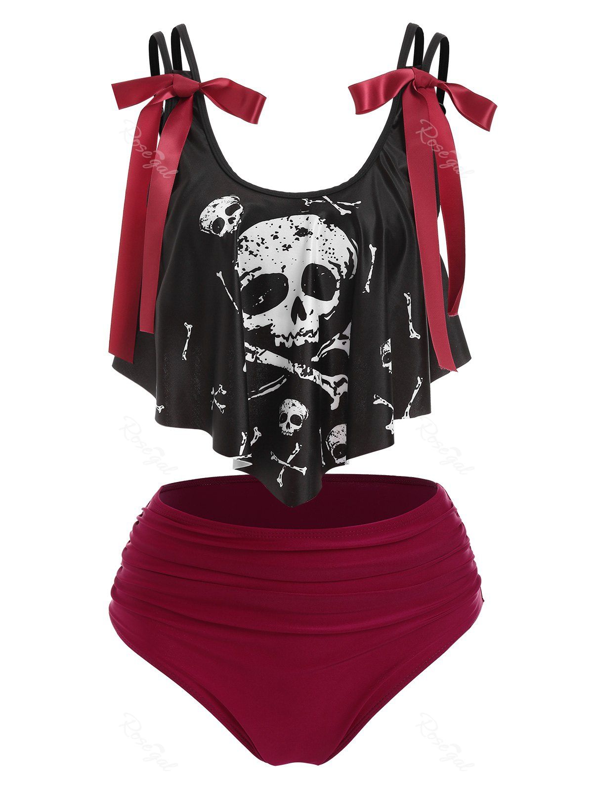 Ensemble de Tankini Matelassé à Imprimé Crâne avec Nœud Papillon Noir XXL