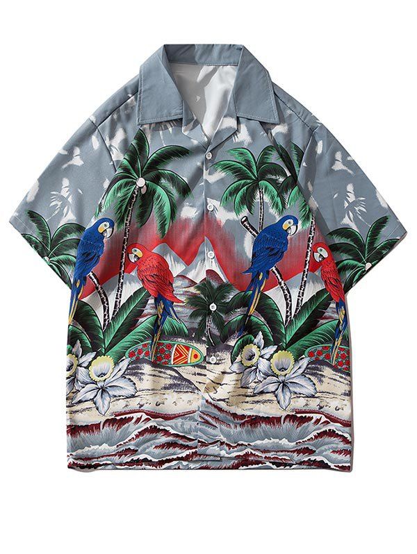 Chic Palm Tree Parrot Beach Scenery Shirt  