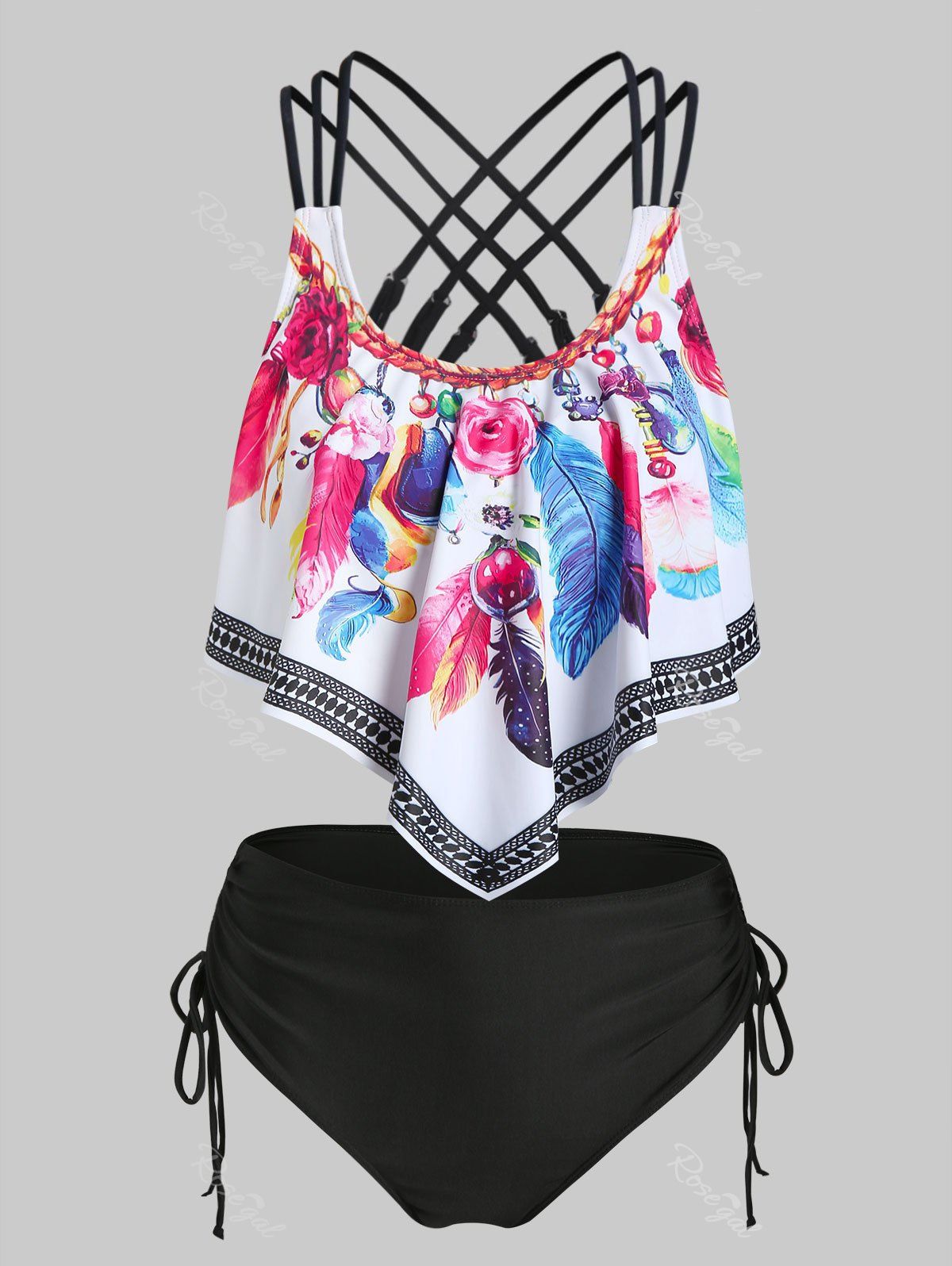 Outfit Feather Print Strappy Padded Tankini Set  
