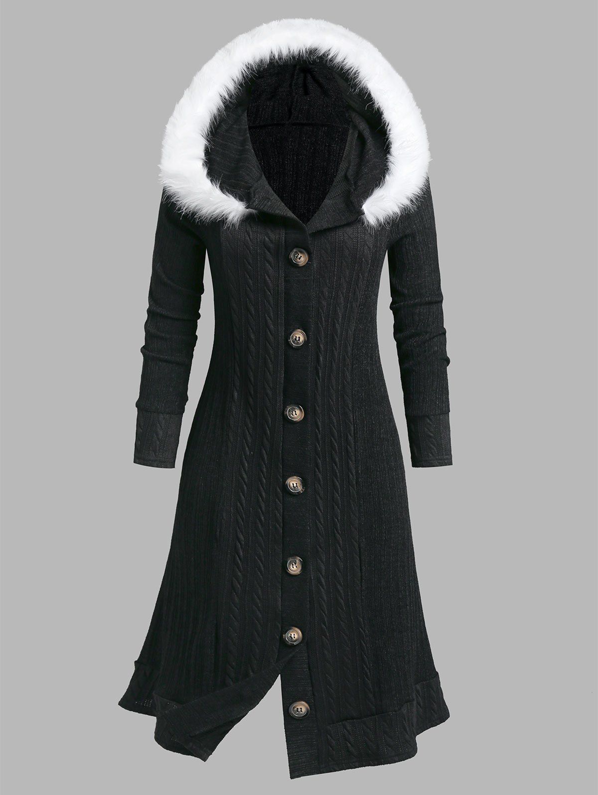 Manteau à Capuche Boutonné en Fausse Fourrure Grande Taille Noir 5X
