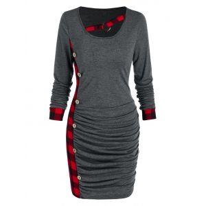 

Ruched Plaid Tight Dress, Dark gray