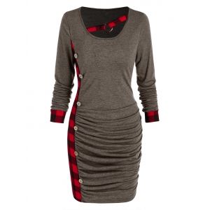 

Ruched Plaid Tight Dress, Coffee