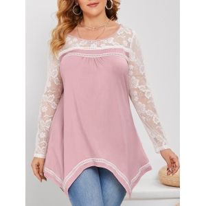 

Plus Size Flower Lace Insert Hanky Hem T-shirt, Pink rose