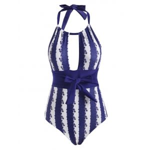 

Striped Floral Cutout Halter Backless One-piece Swimsuit, Deep blue